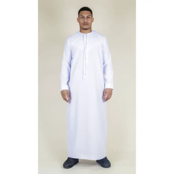 TT 001 Men White Thobe Emirati Islamic Clothing String Tassel 2