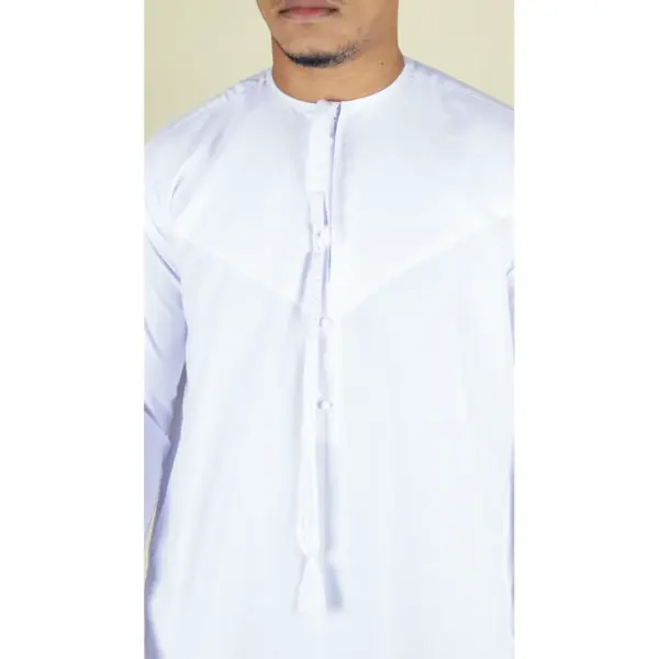 TT 001 Men White Thobe Emirati Islamic Clothing String Tassel 3