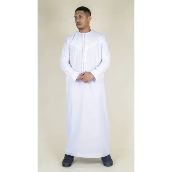 TT 001 Men White Thobe Emirati Islamic Clothing String Tassel 4