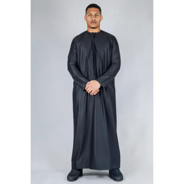 TT 001 Mens Black Thobe Emirati Islamic Clothing String Tassel 4