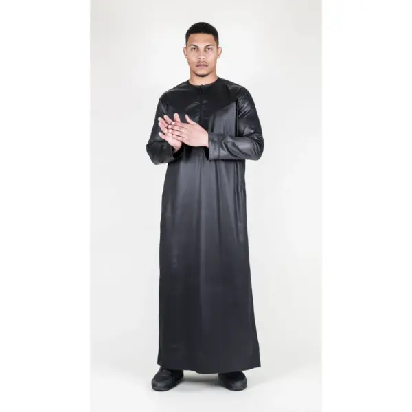 TT 002 Mens Black Satin Emirati Thobe Islamic Clothing 2