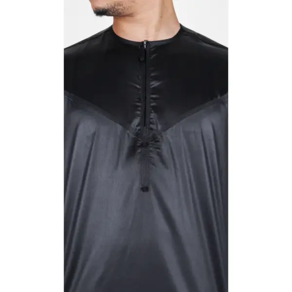 TT 002 Mens Black Satin Emirati Thobe Islamic Clothing 3