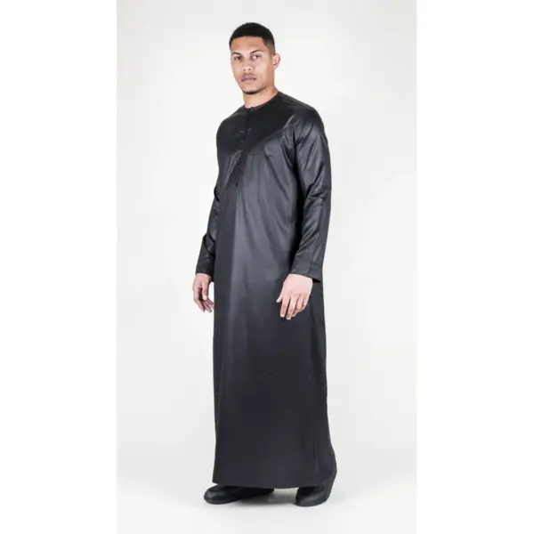 TT 002 Mens Black Satin Emirati Thobe Islamic Clothing 4