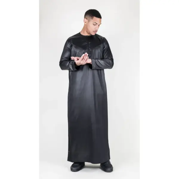 TT 002 Mens Black Satin Emirati Thobe Islamic Clothing 5