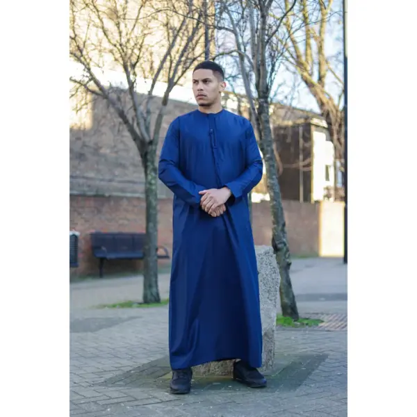 TT 002 Mens Navy Satin Emirati Thobe Islamic Clothing 2