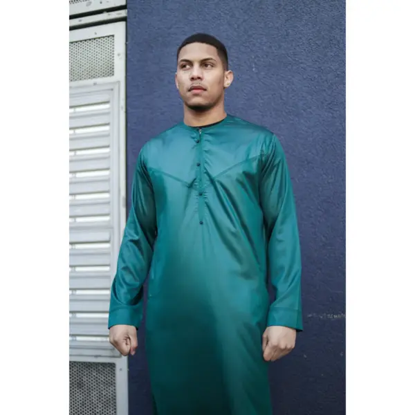 TT 002 Mens Olive Satin Emirati Thobe Islamic Clothing 2