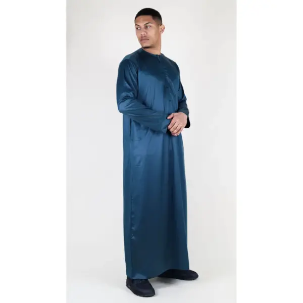 TT 002 Mens Olive Satin Emirati Thobe Islamic Clothing 7