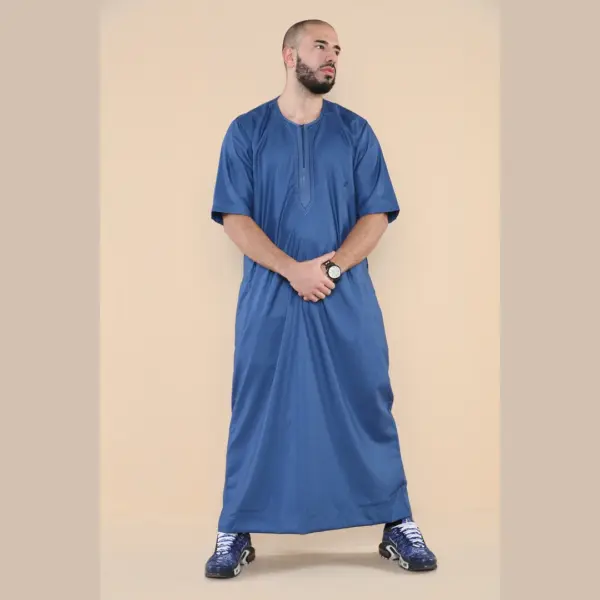 107 Mens Blue Zipped Half Sleeve Islamic Thobe 2