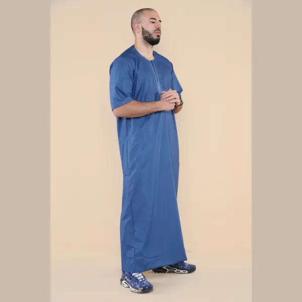 107 Mens Blue Zipped Half Sleeve Islamic Thobe 5