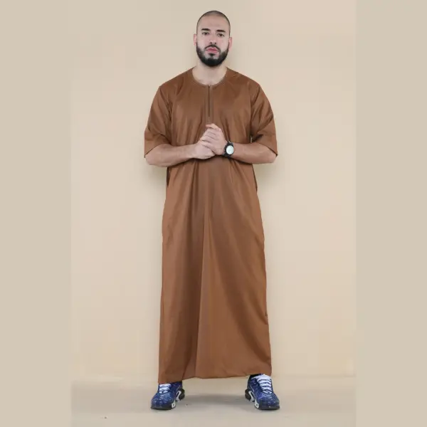 107 Mens Brown Zipped Half Sleeve Islamic Thobe 2