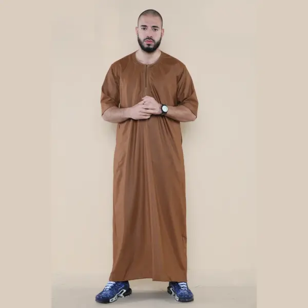 107 Mens Brown Zipped Half Sleeve Islamic Thobe 3