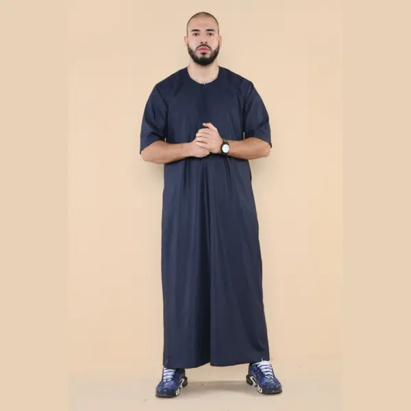 107 Mens Navy Zipped Half Sleeve Islamic Thobe 3