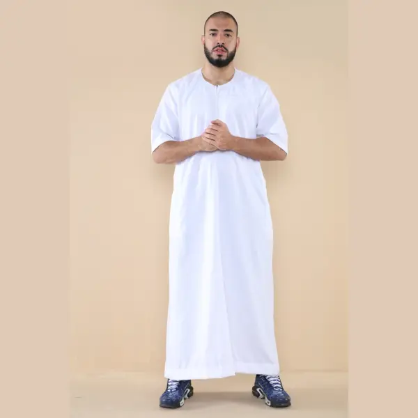 107 Mens White Zipped Half Sleeve Islamic Thobe 2