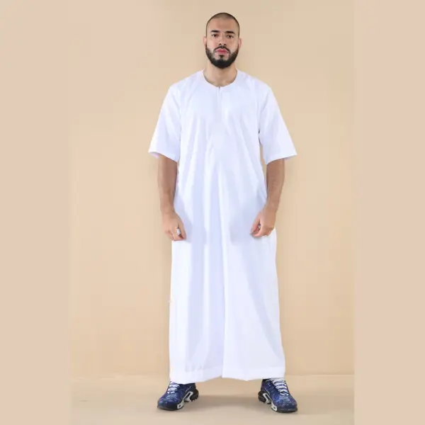 107 Mens White Zipped Half Sleeve Islamic Thobe 3