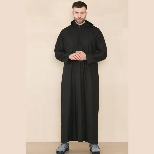 108 Mens Black Muslim Slim or Regular Fit Hooded Thobe 2