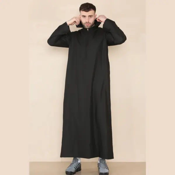 108 Mens Black Muslim Slim or Regular Fit Hooded Thobe 4