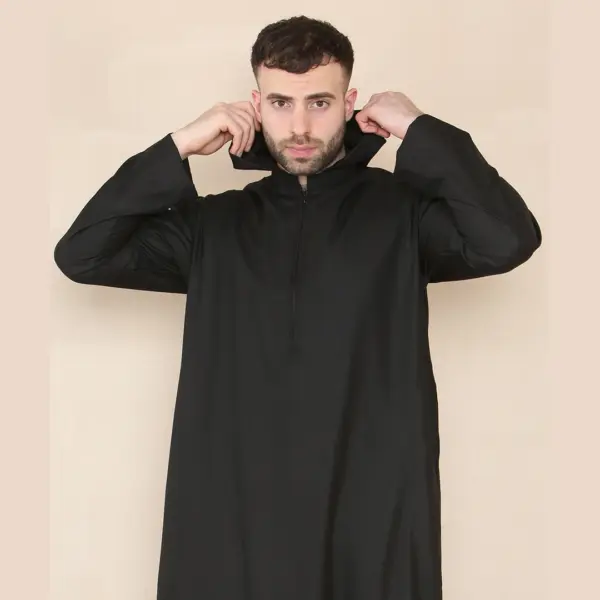 108 Mens Black Muslim Slim or Regular Fit Hooded Thobe 5