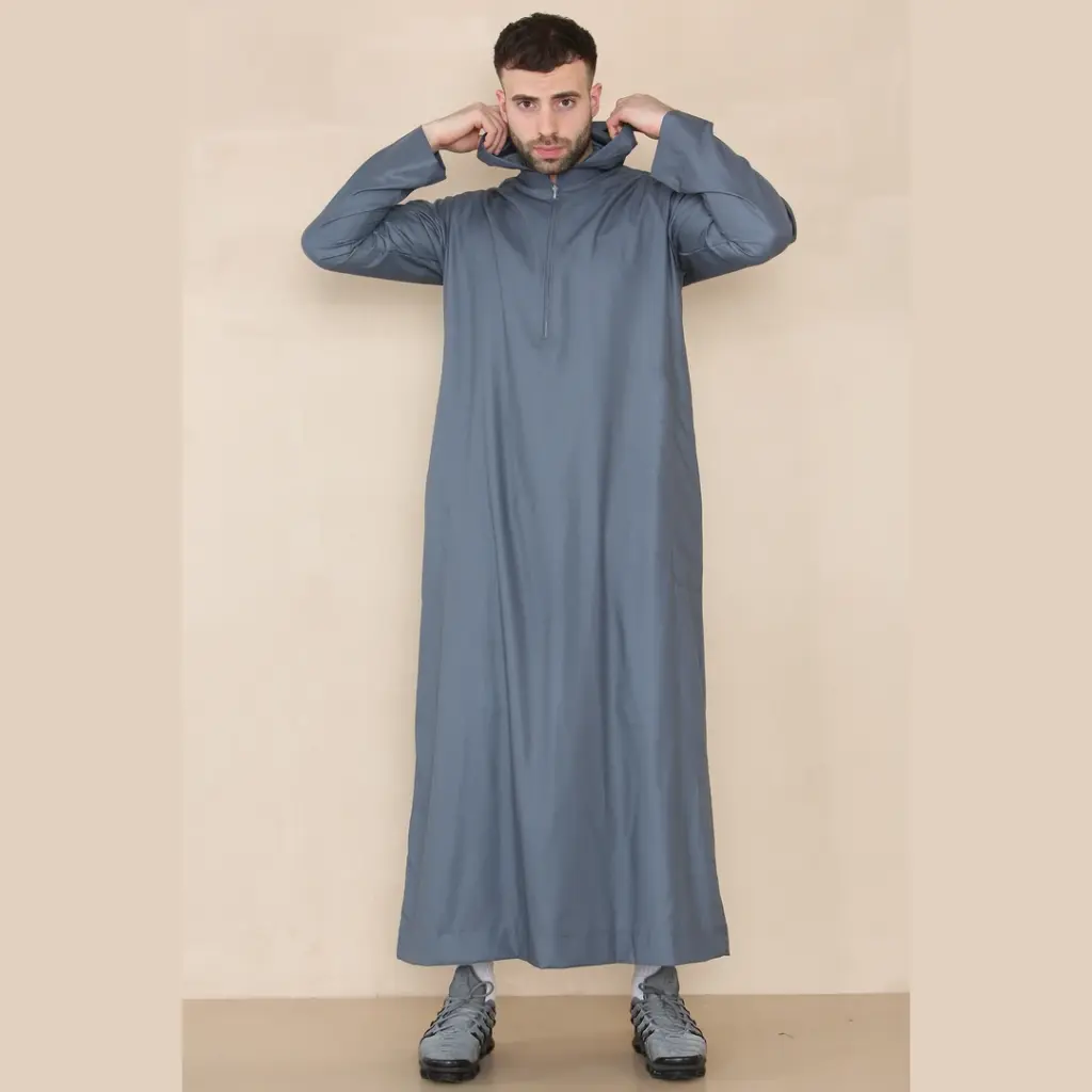 108 Mens Grey Muslim Slim or Regular Fit Hooded Thobe 2