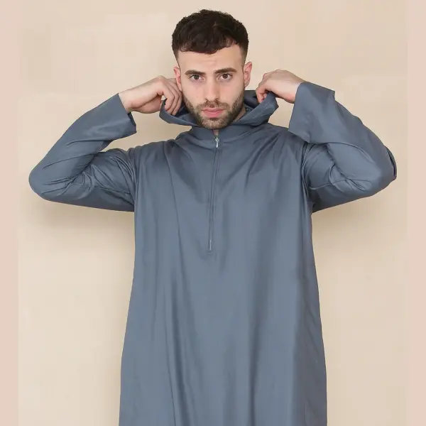 108 Mens Grey Muslim Slim or Regular Fit Hooded Thobe 5