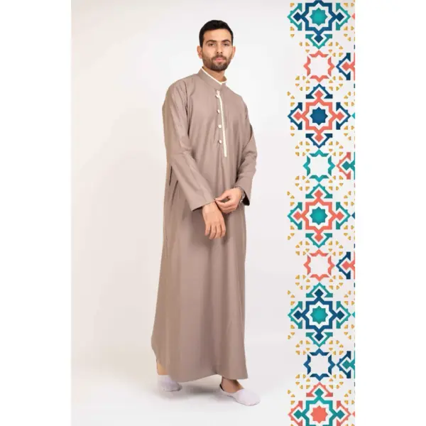 112 Mens Beige Stand Collar Thobe Islamic Clothing 4