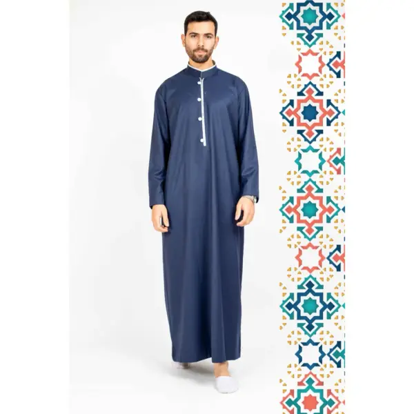 112 Mens Blue Stand Collar Thobe Islamic Clothing 2