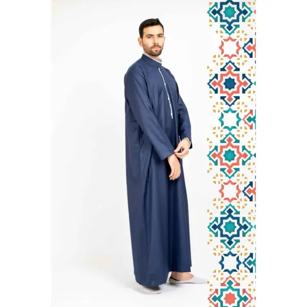 112 Mens Blue Stand Collar Thobe Islamic Clothing 3