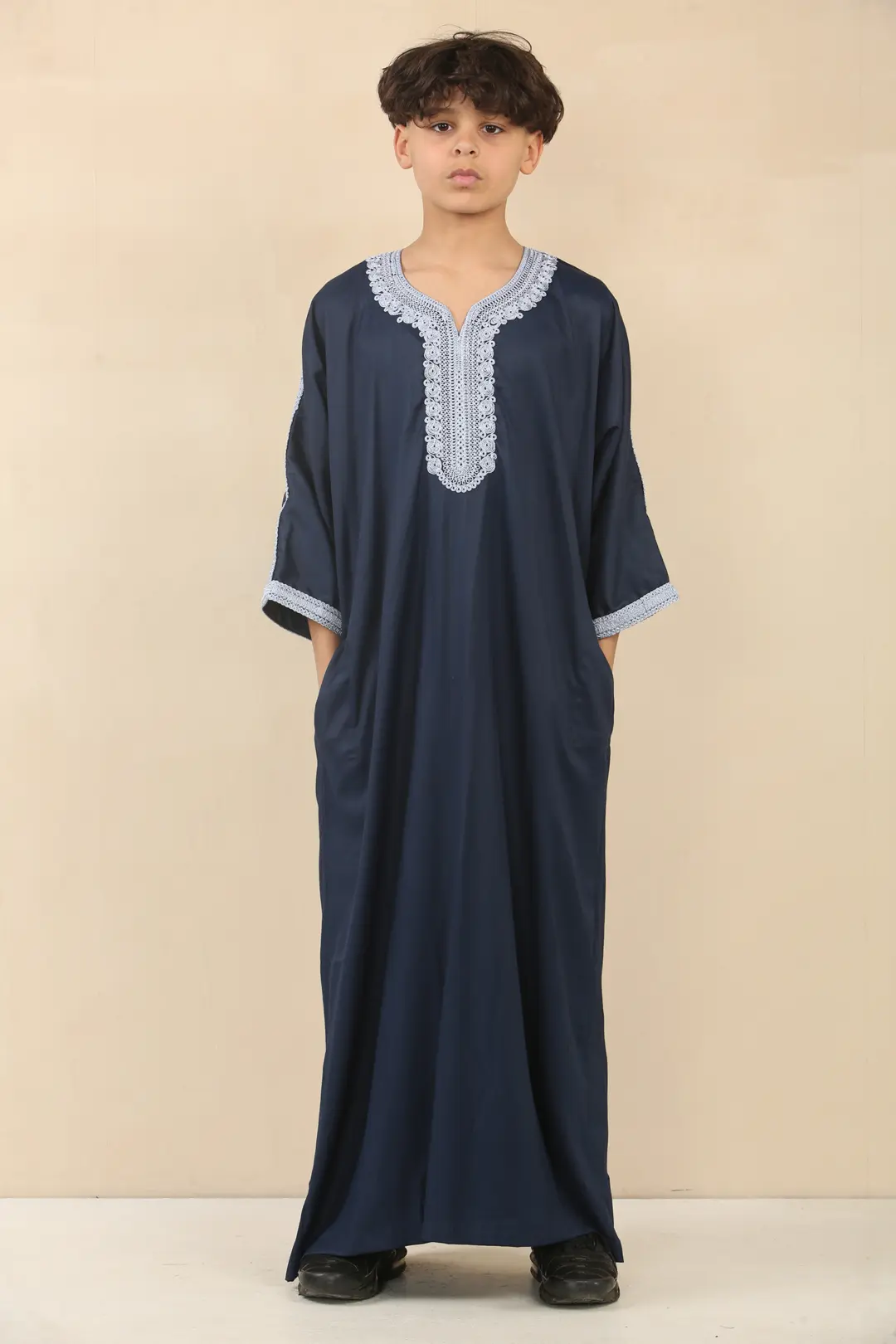 HM61 Boys Navy Moroccan Thobe Short Sleeve Embroidery Gandoura 4