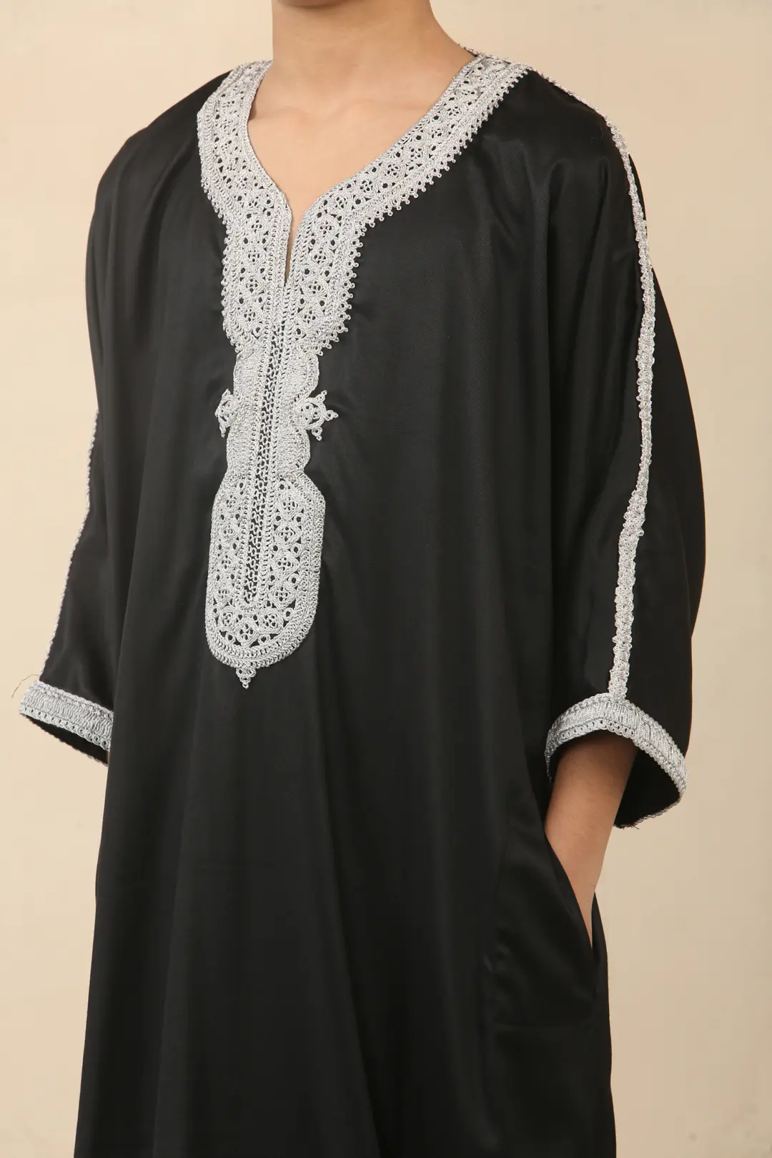 HM62 Boys Black Moroccan Thobe Short Sleeve Embroidery Gandoura 2