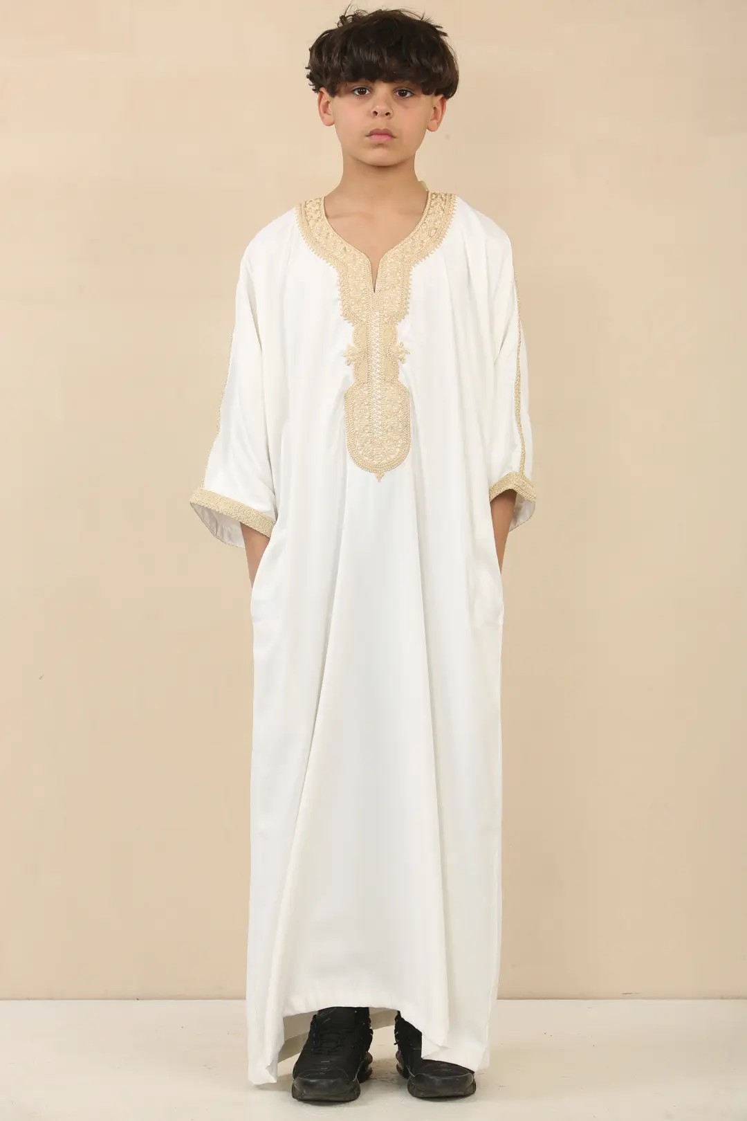 HM62 Boys White Moroccan Thobe Short Sleeve Embroidery Gandoura 2