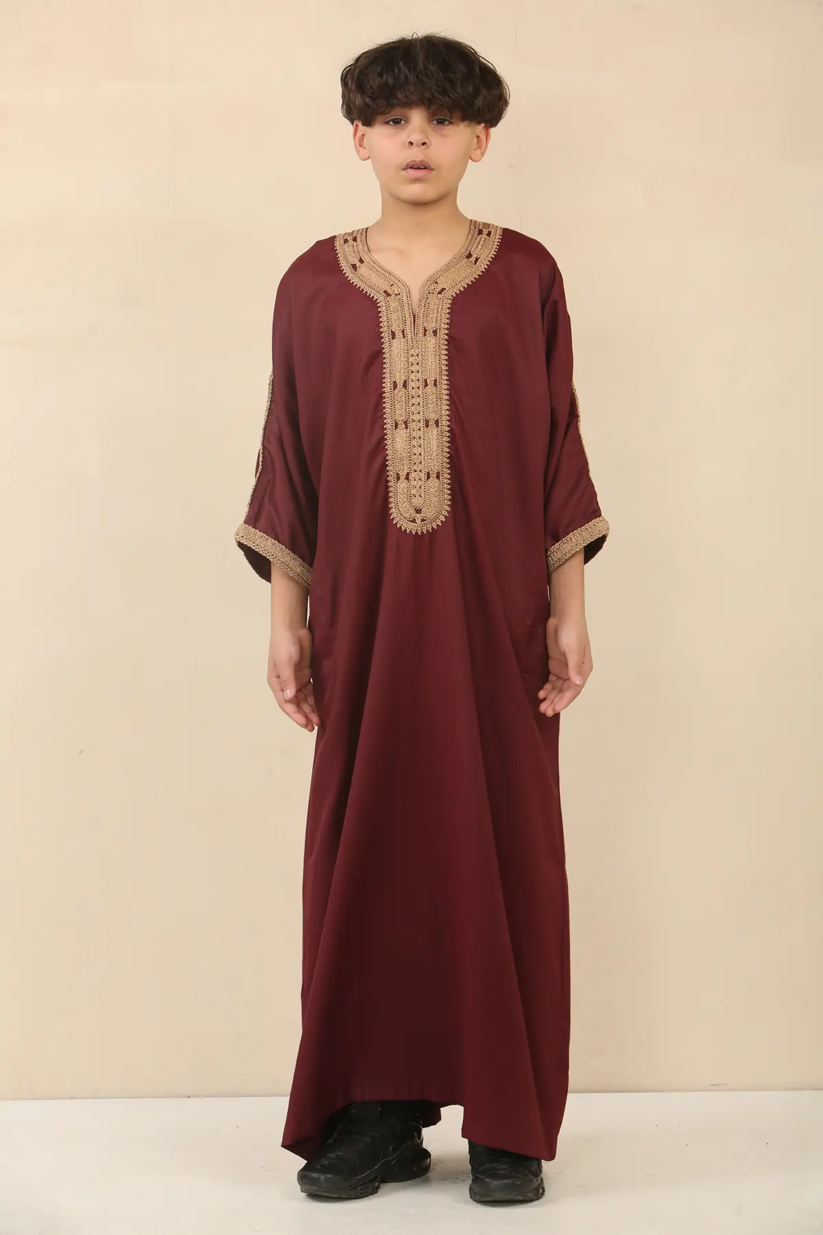 HM63 - Boys Moroccan Thobe Short Sleeve Embroidery Gandoura - Image 1