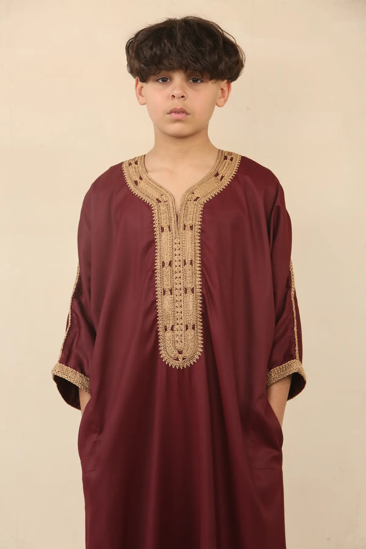 HM63 - Boys Moroccan Thobe Short Sleeve Embroidery Gandoura - Image 4
