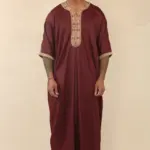 HM63 - Men's Burgundy Moroccan Thobe Gold Embroidery - Image 2