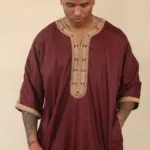 HM63 - Men's Burgundy Moroccan Thobe Gold Embroidery - Image 3