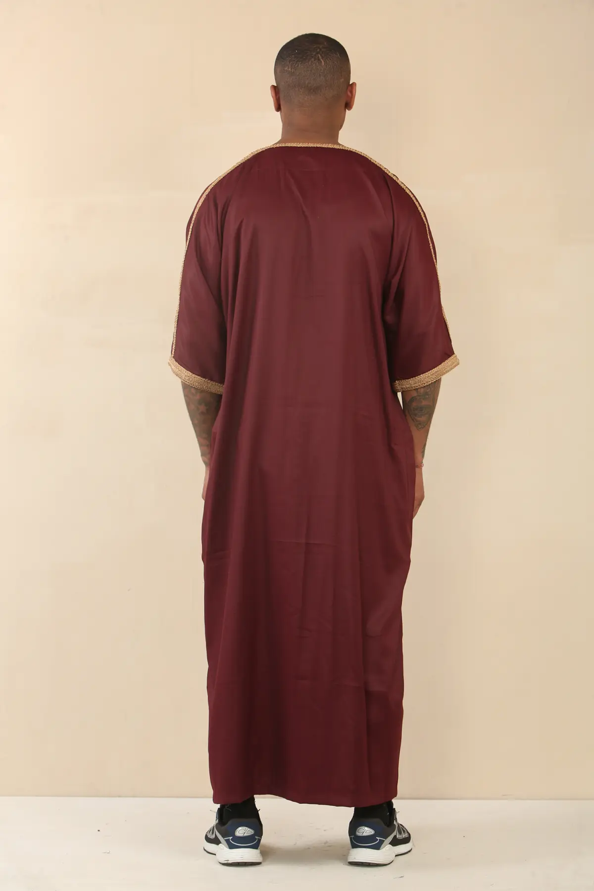 HM63 - Men's Burgundy Moroccan Thobe Gold Embroidery - Image 6