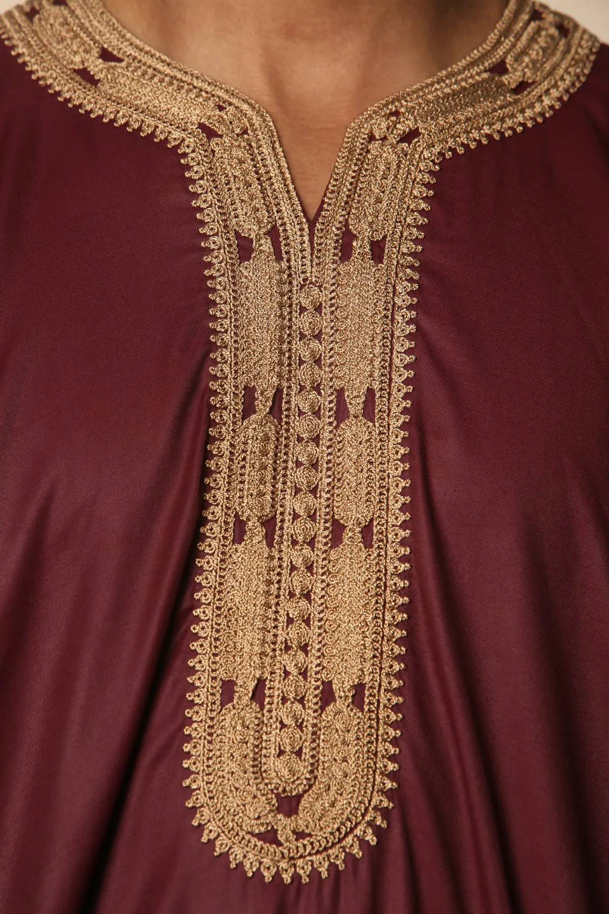 HM63 - Men's Burgundy Moroccan Thobe Gold Embroidery - Image 7