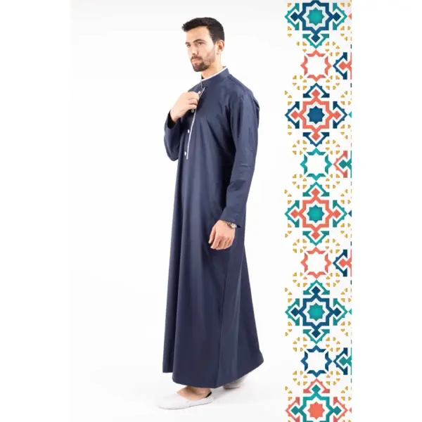 Mens Navy Stand Collar Thobe Islamic Clothing 2