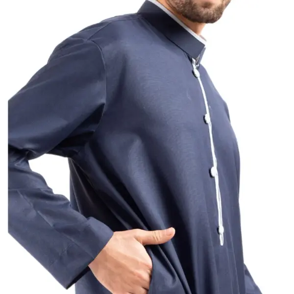 Mens Navy Stand Collar Thobe Islamic Clothing 4