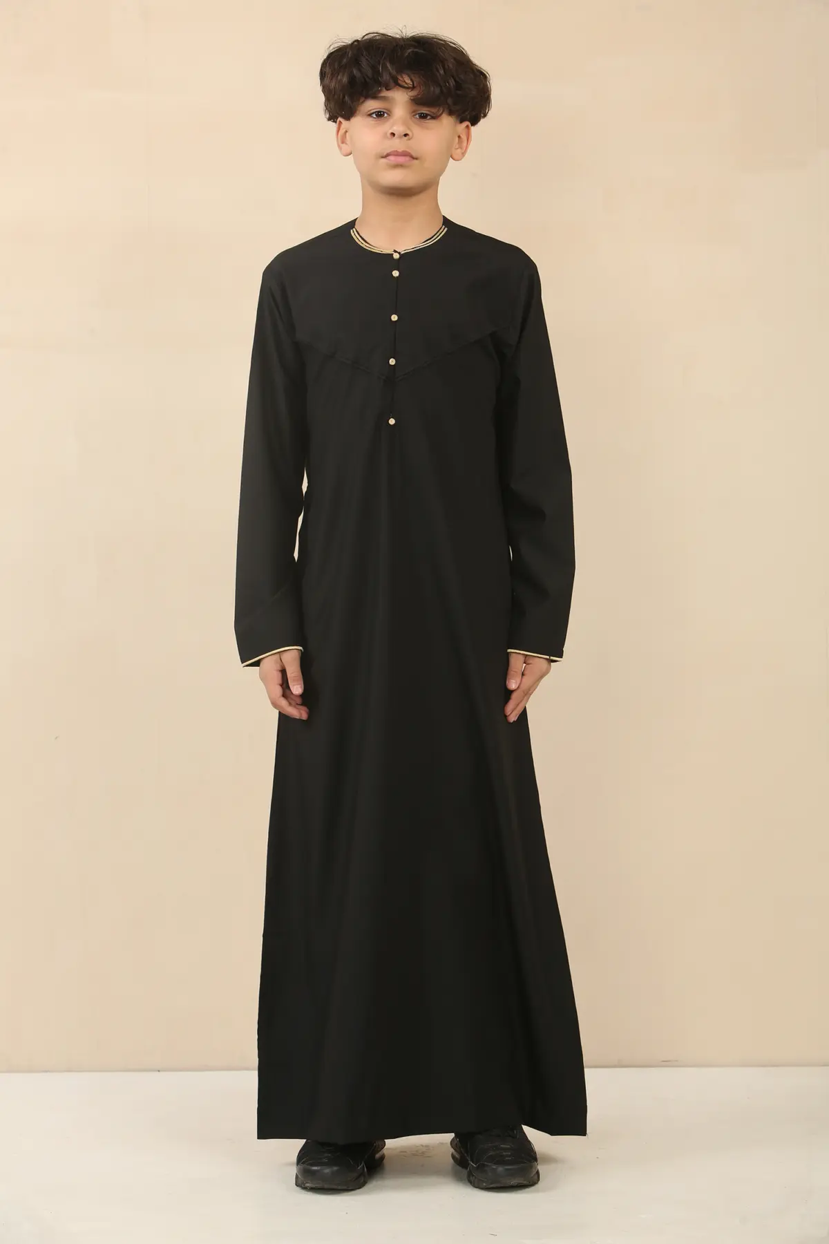 OE-300 - Boy's Black Emirati Omani Thobe Gold Embroidery - Image 1