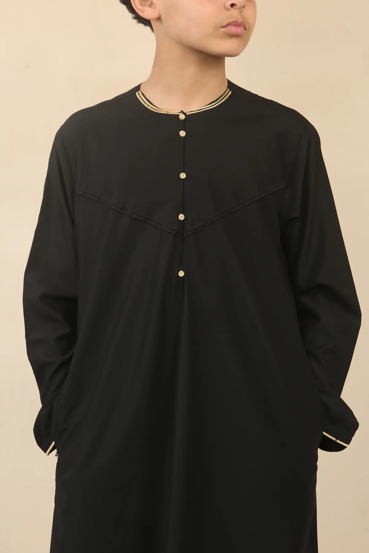 OE-300 - Boy's Black Emirati Omani Thobe Gold Embroidery - Image 3