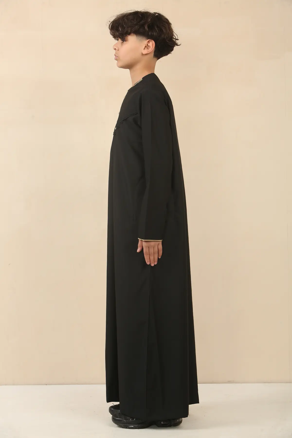 OE-300 - Boy's Black Emirati Omani Thobe Gold Embroidery - Image 5