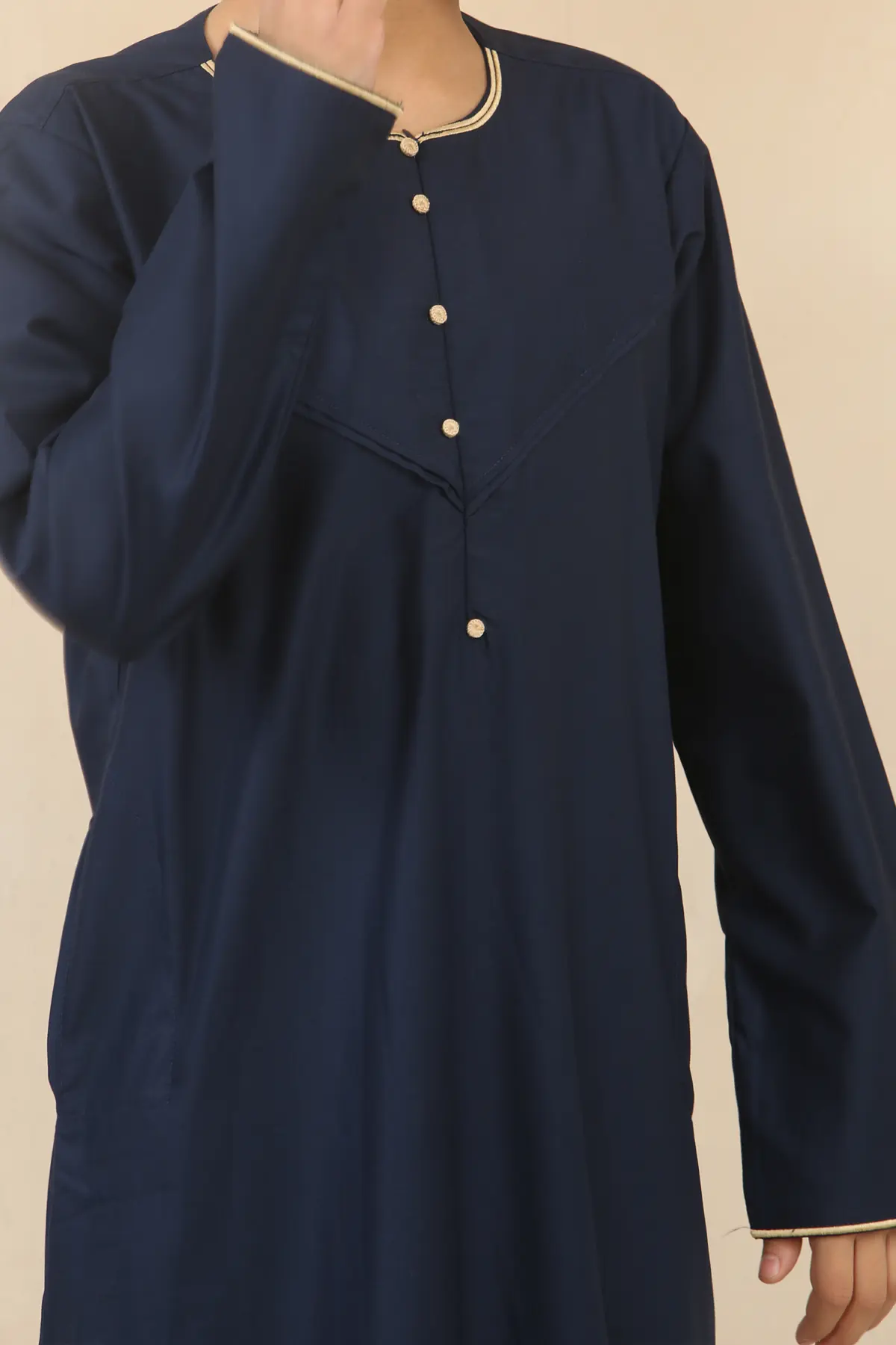OE-300 - Boy's Navy Emirati Omani Thobe Gold Embroidery - Image 2