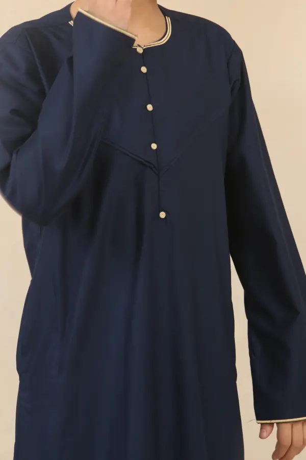 OE 300 Boys Navy Emirati Omani Thobe Gold Embroidery 1