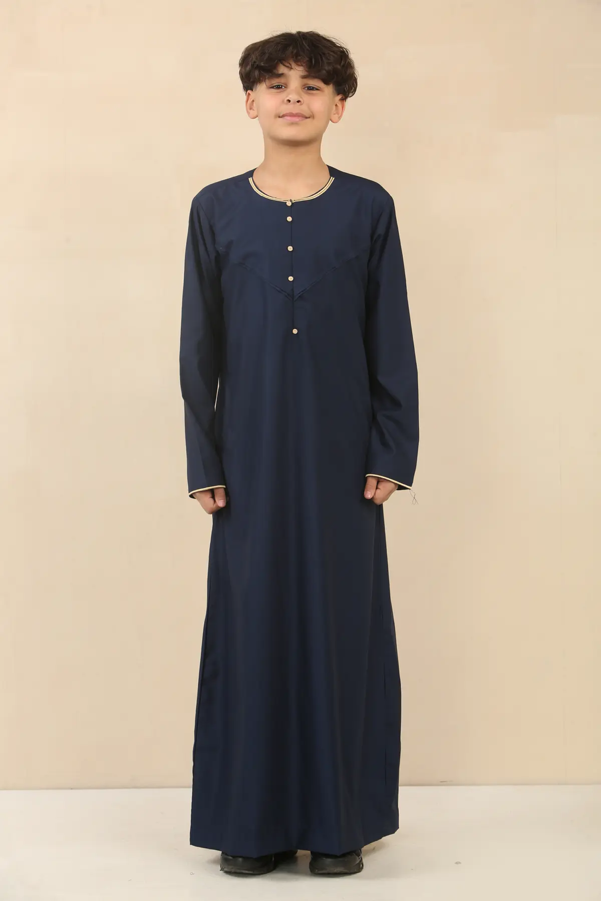 OE-300 - Boy's Navy Emirati Omani Thobe Gold Embroidery - Image 1