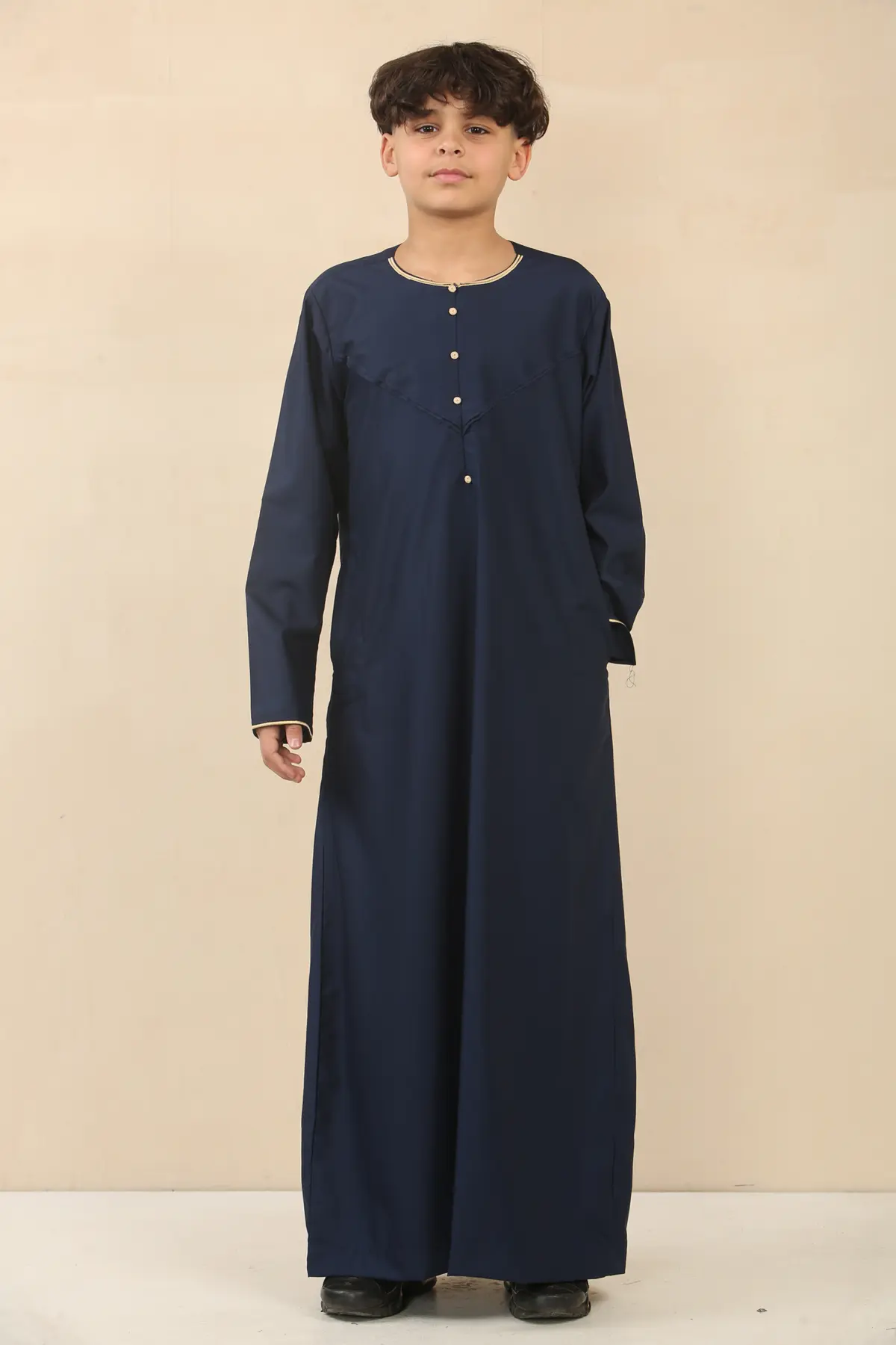 OE-300 - Boy's Navy Emirati Omani Thobe Gold Embroidery - Image 6