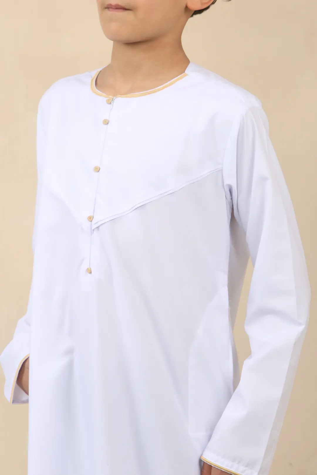 OE 300 Boys White Emirati Omani Thobe Gold Embroidery 3