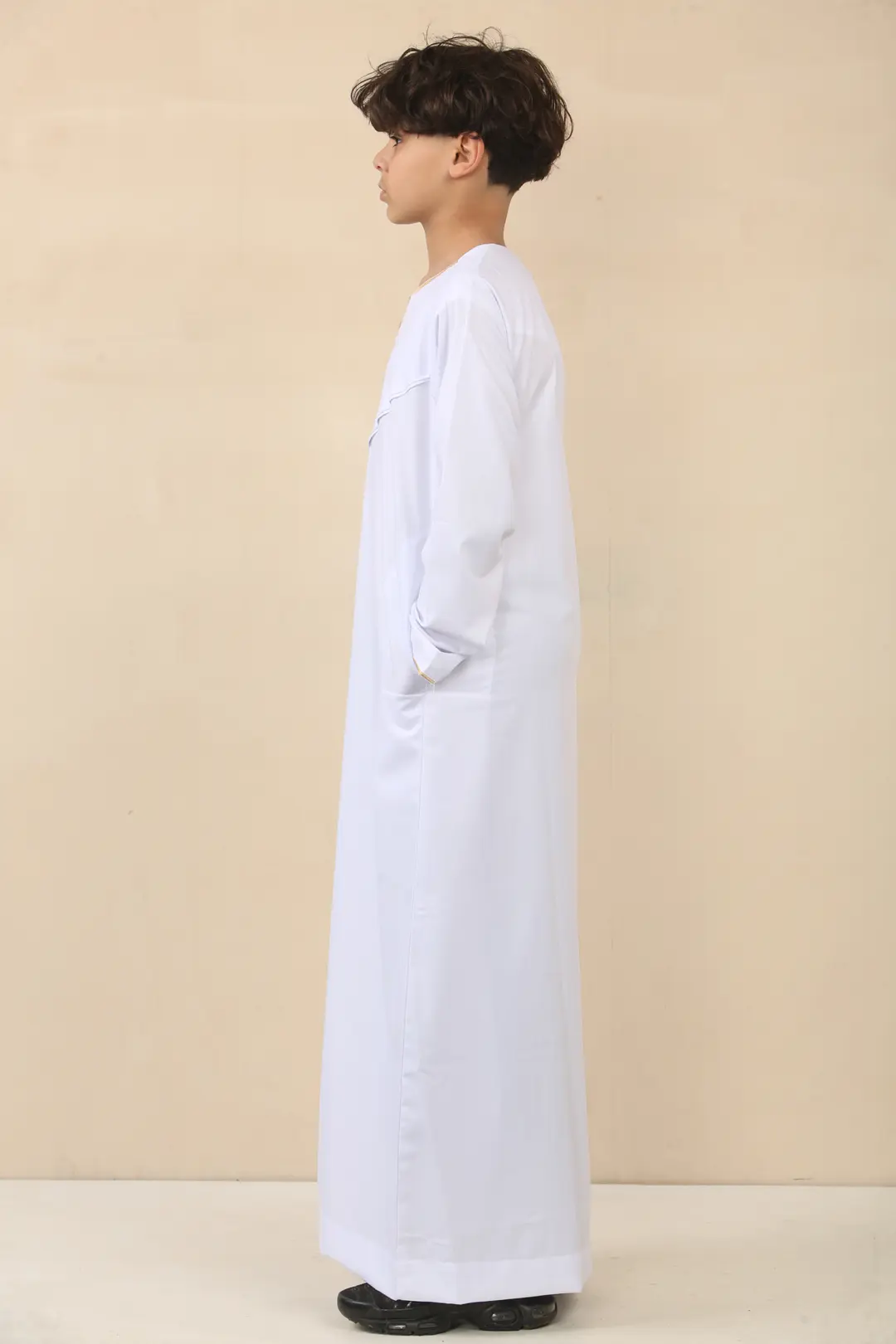 OE 300 Boys White Emirati Omani Thobe Gold Embroidery 4