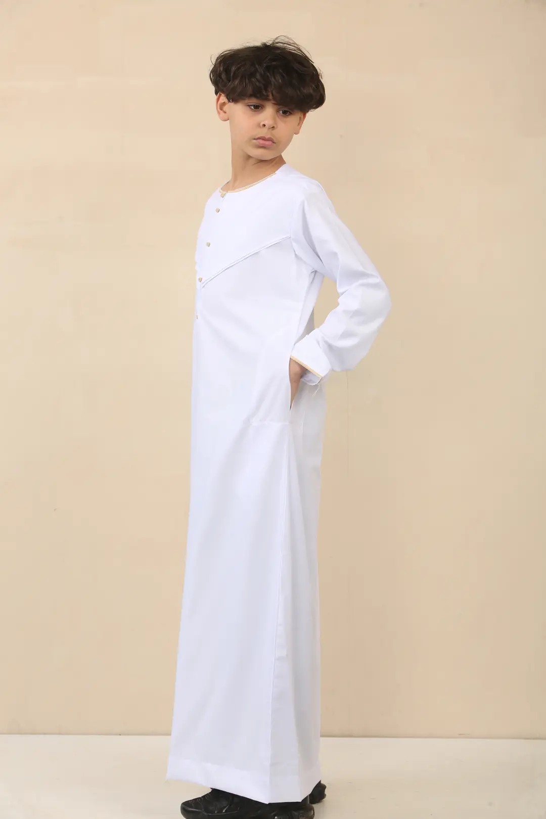 OE 300 Boys White Emirati Omani Thobe Gold Embroidery 5