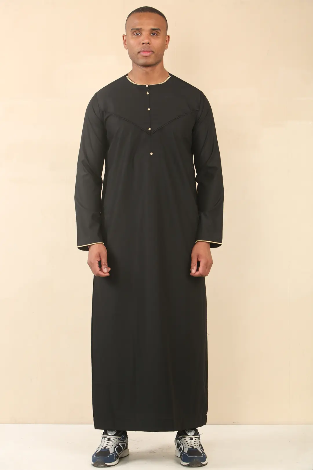 OE 300 Mens Black Emirati Omani Thobe Gold Embroidery 1