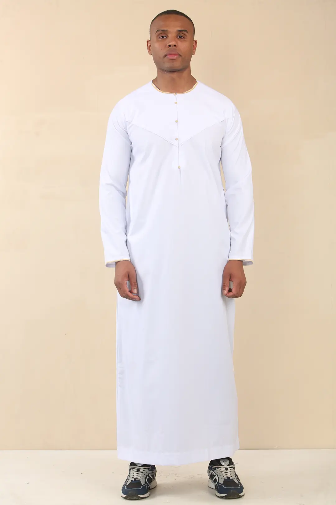 OE 300 Mens White Emirati Omani Thobe Gold Embroidery 1