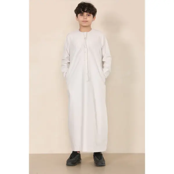 TT 001 Boys Beige Thobe Emirati Islamic Clothing String Tassel 3